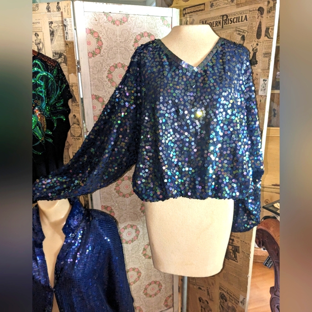 JJ Adams Vintage 80s Sequin Top Dolman Sleeves sz 2x